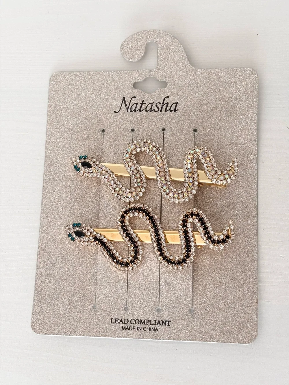 NATASHA Rhinestone Snake/ Serpent Hair Clips (2) NWT